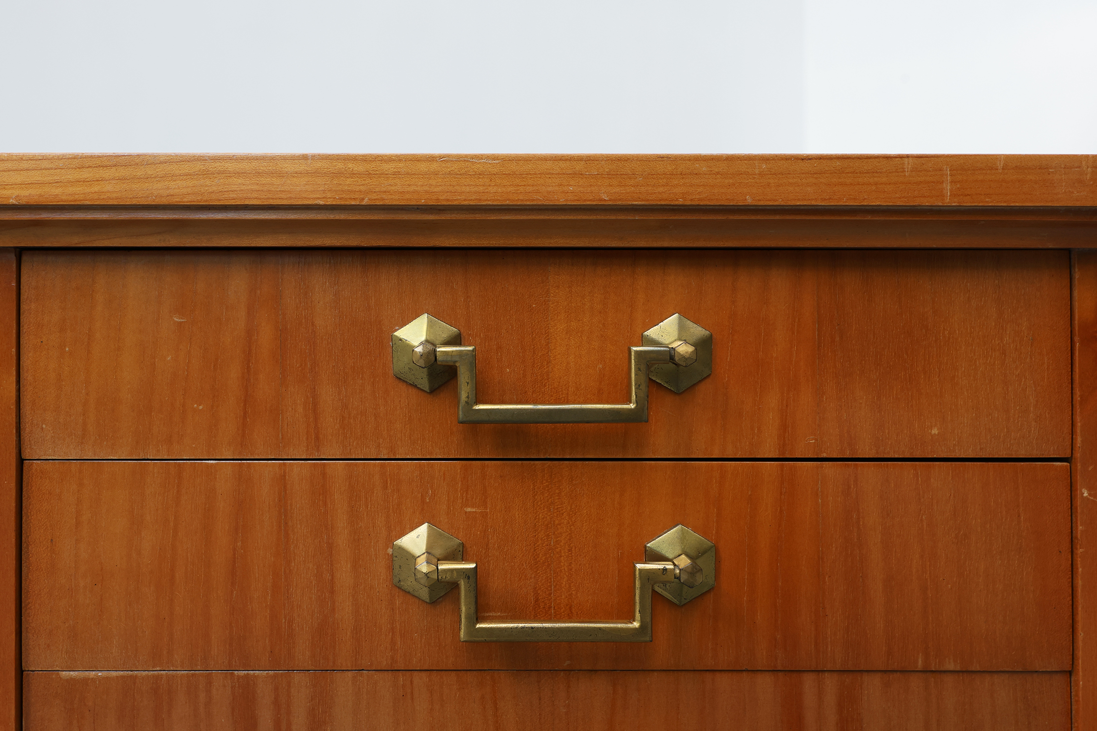 Pair of mid-century bedside tables with brass handles, France, 1950sthumbnail
